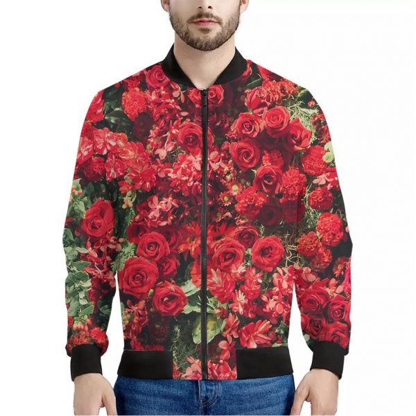 Red Rose Flower Print Bomber Jacket