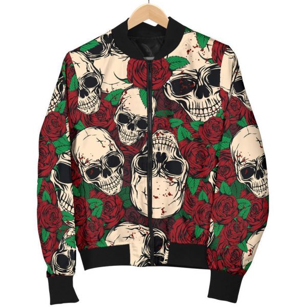 Red Rose Skull Pattern Print Bomber Jacket