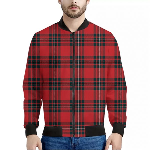 Red Scottish Tartan Pattern Print Bomber Jacket
