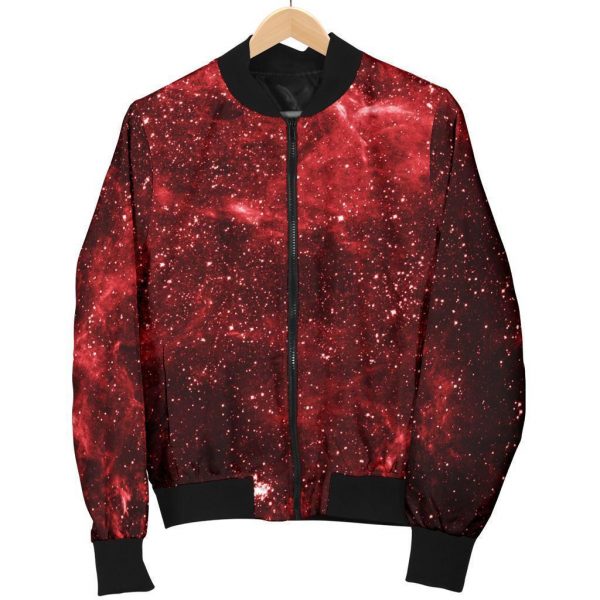 Red Stardust Universe Galaxy Space Print Bomber Jacket