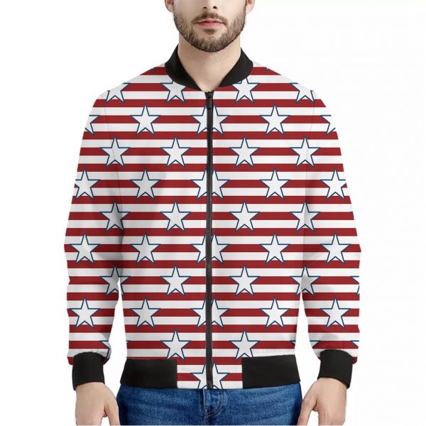 Red Striped USA Star Pattern Print Bomber Jacket
