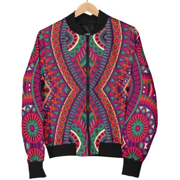 Red Tribal Ethnic Mandala Print Bomber Jacket