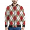 Red White And Beige Argyle Pattern Print Bomber Jacket