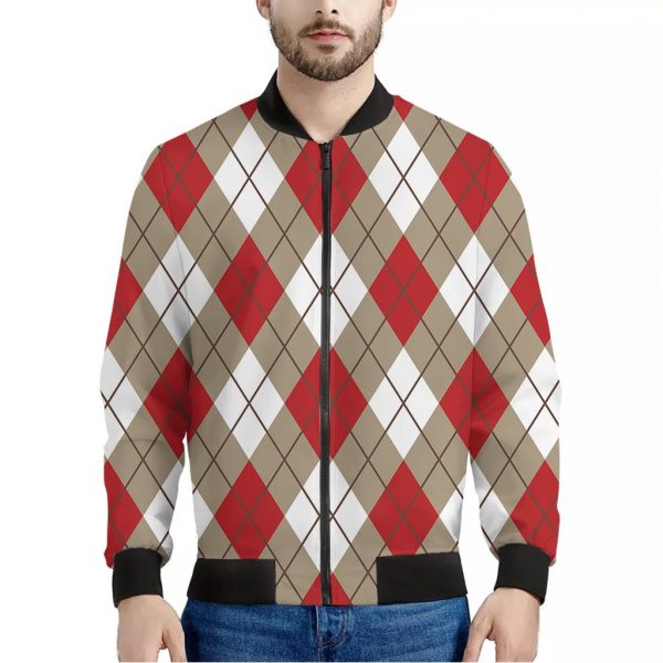 Red White And Beige Argyle Pattern Print Bomber Jacket
