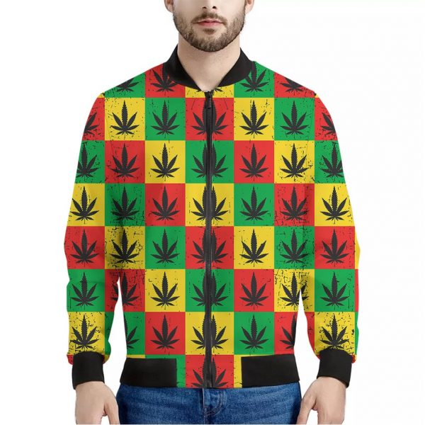 Reggae Marijuana Leaf Pattern Print Bomber Jacket