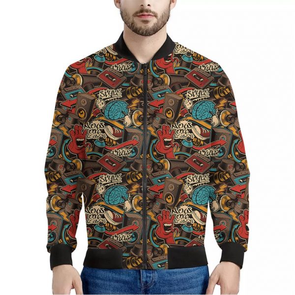 Retro Graffiti Pattern Print Bomber Jacket
