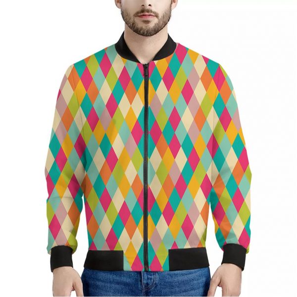 Retro Harlequin Pattern Print Bomber Jacket
