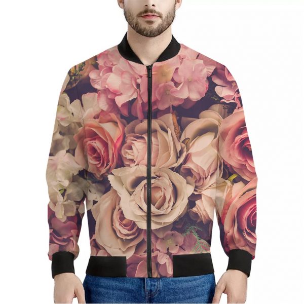 Retro Pink Roses Floral Print Bomber Jacket