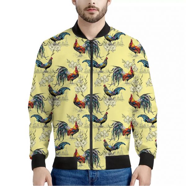 Rooster And Flower Pattern Print Bomber Jacket