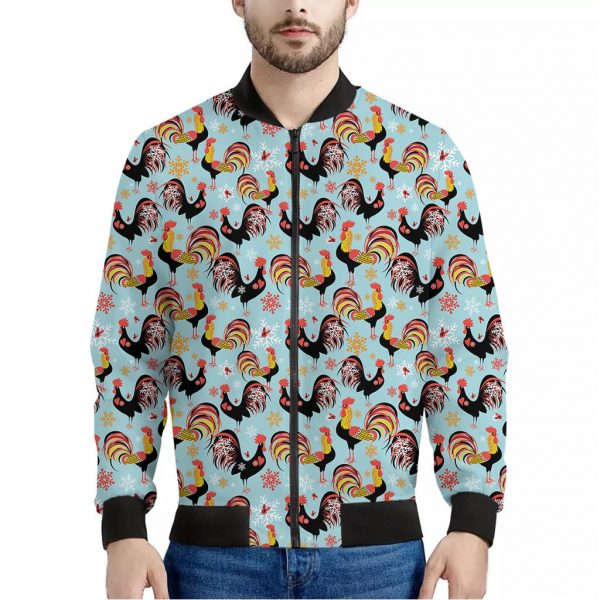 Rooster And Snowflake Pattern Print Bomber Jacket