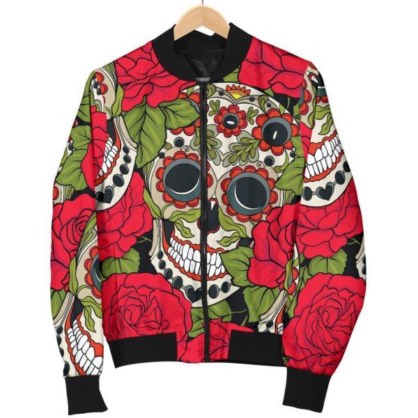 Rose Floral Sugar Skull Pattern Print Bomber Jacket