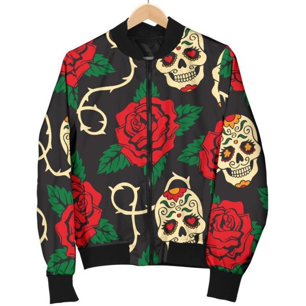 Rose Flower Sugar Skull Pattern Print Bomber Jacket