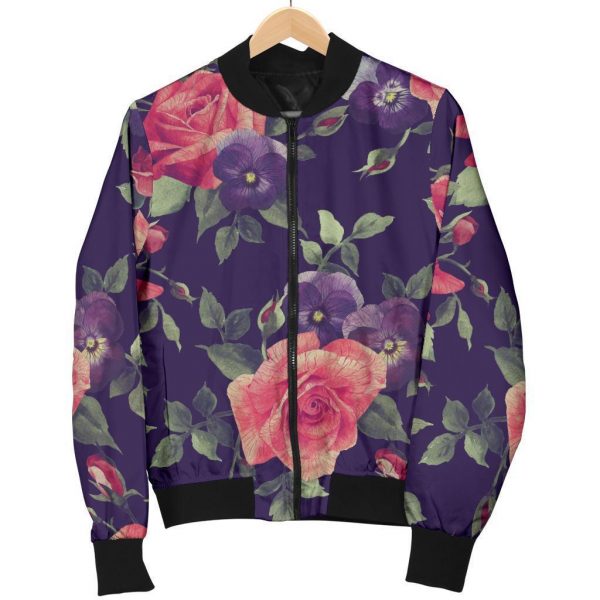 Rose Pansy Floral Flower Pattern Print Bomber Jacket