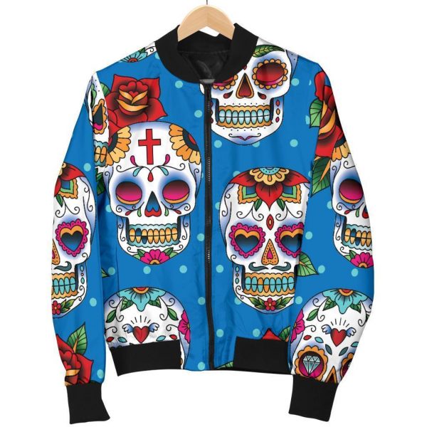 Rose Sugar Skull Pattern Print Bomber Jacket