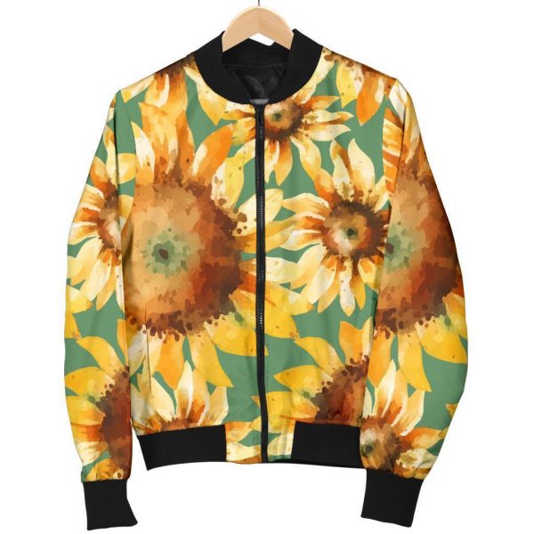 Sage Watercolor Sunflower Pattern Print Bomber Jacket