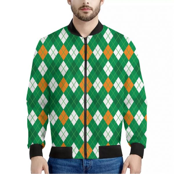 Saint Patrick's Day Argyle Pattern Print Bomber Jacket