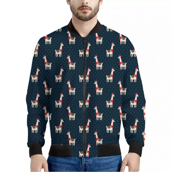 Santa Claus Llama Xmas Pattern Print Bomber Jacket
