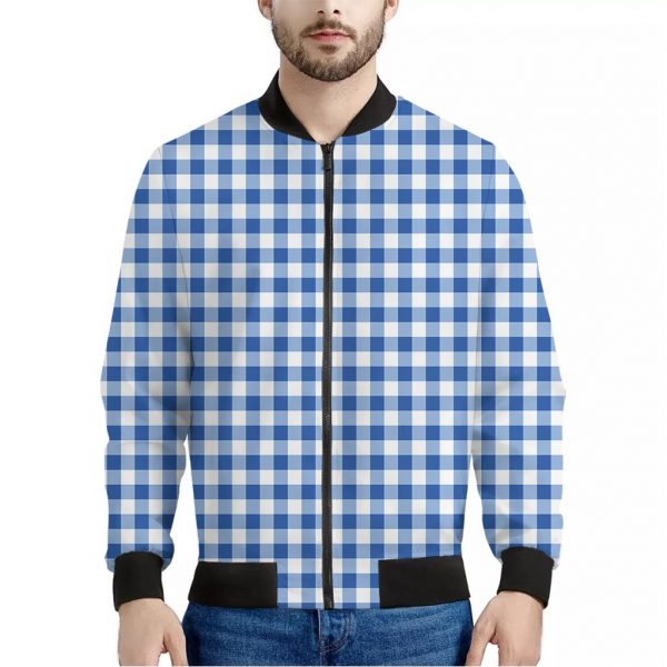 Sapphire Blue Check Pattern Print Bomber Jacket