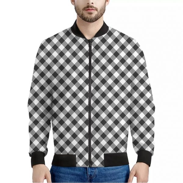 Shadow Grey And White Gingham Print Bomber Jacket
