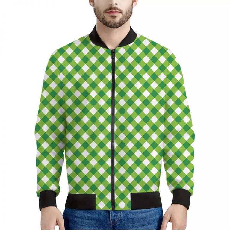 Shamrock Green And White Gingham Print Bomber Jacket