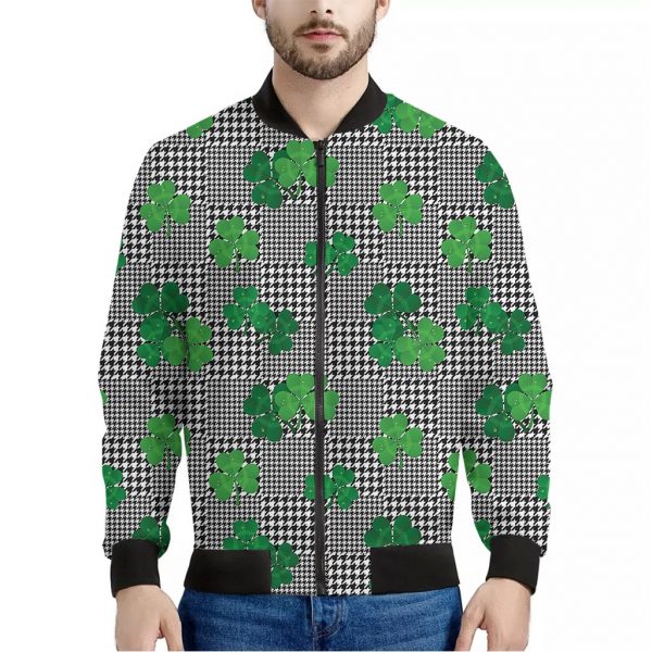 Shamrocks Houndstooth Pattern Print Bomber Jacket