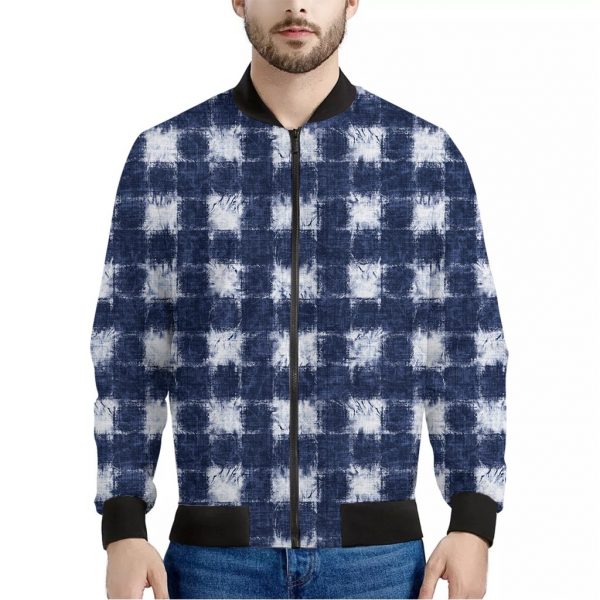 Shibori Grid Pattern Print Bomber Jacket