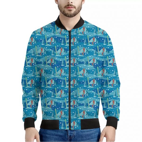 Ski And Snowboard Pattern Print Bomber Jacket