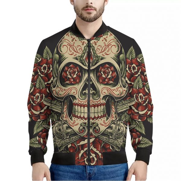 Skull And Roses Tattoo Print Bomber Jacket