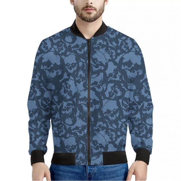Skull Denim Jeans Pattern Print Bomber Jacket