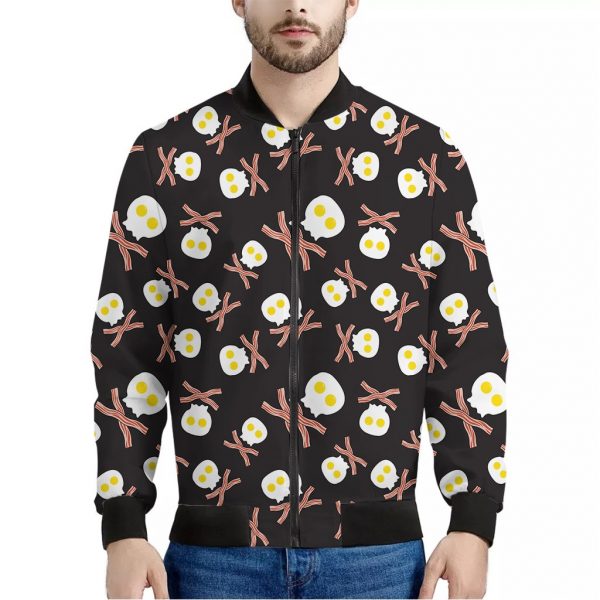 Skull Fried Egg And Bacon Pattern Print Bomber Jacket