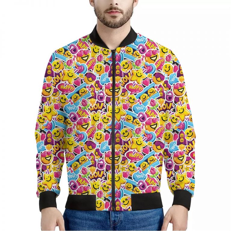 Smiley Faces Emoji Pattern Print Bomber Jacket