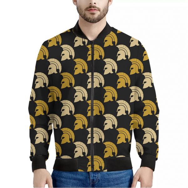 Spartan Warrior Helmet Pattern Print Bomber Jacket
