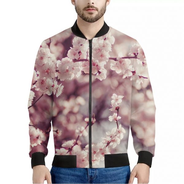 Spring Cherry Blossom Print Bomber Jacket