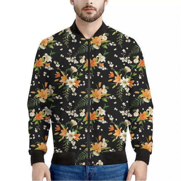 Spring Lily Flowers Pattern Print Bomber Jacket