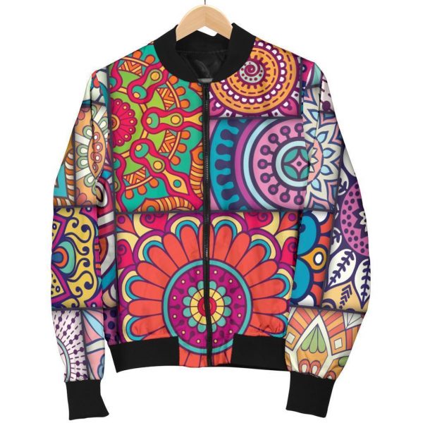 Square Bohemian Mandala Patchwork Print Bomber Jacket