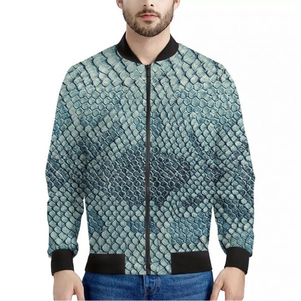 Steel Blue Snakeskin Print Bomber Jacket