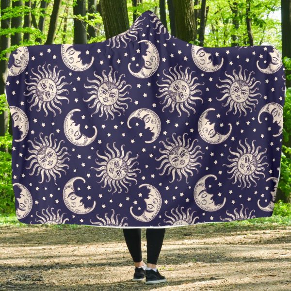 Sun Moon Pattern Print Hooded Blanket Cloak Blanket