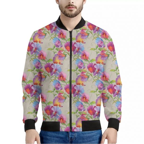 Sweet Pea Flower Pattern Print Bomber Jacket