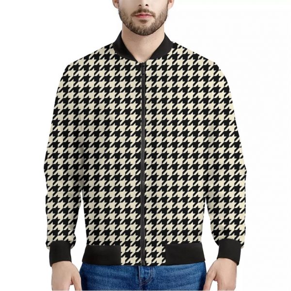 Tan And Black Houndstooth Pattern Print Bomber Jacket