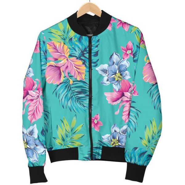 Teal Aloha Tropical Pattern Print Bomber Jacket