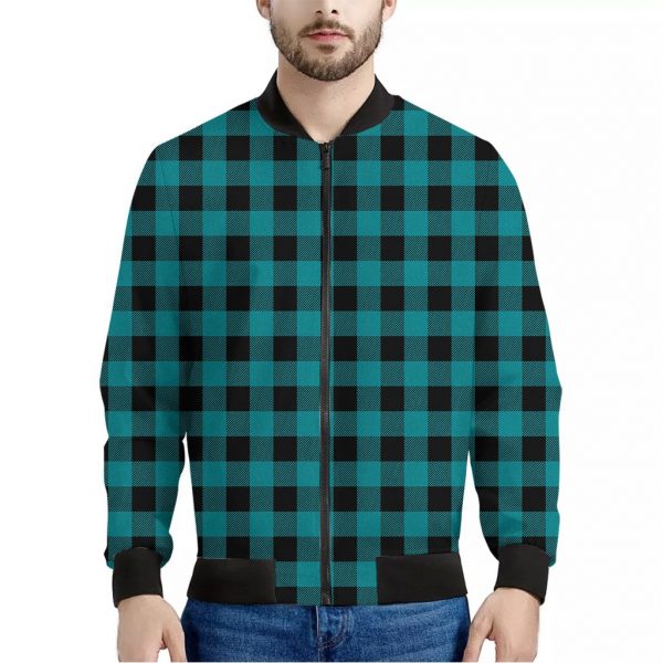 Teal And Black Buffalo Check Print Bomber Jacket