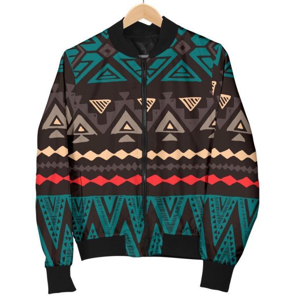Teal And Brown Aztec Pattern Print Bomber Jacket