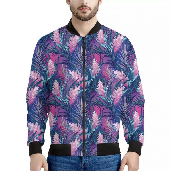 Teal And Pink Tropical Floral Print Bomber Jacket