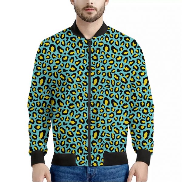 Teal And Yellow Leopard Pattern Print Bomber Jacket