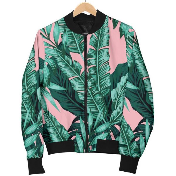 Teal Banana Leaves Pattern Print Bomber Jacket