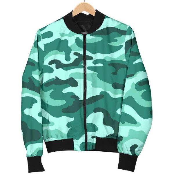 Teal Camouflage Print Bomber Jacket