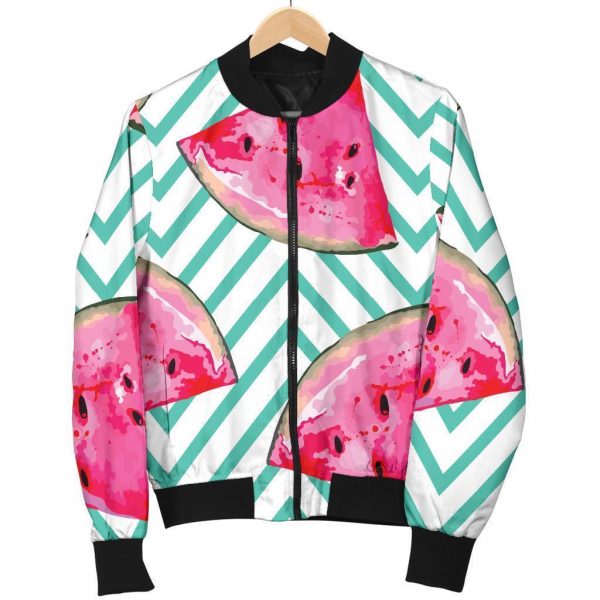 Teal Chevron Watermelon Pattern Print Bomber Jacket