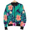 Teal Hawaiian Leaf Flower Pattern Print Bomber Jacket
