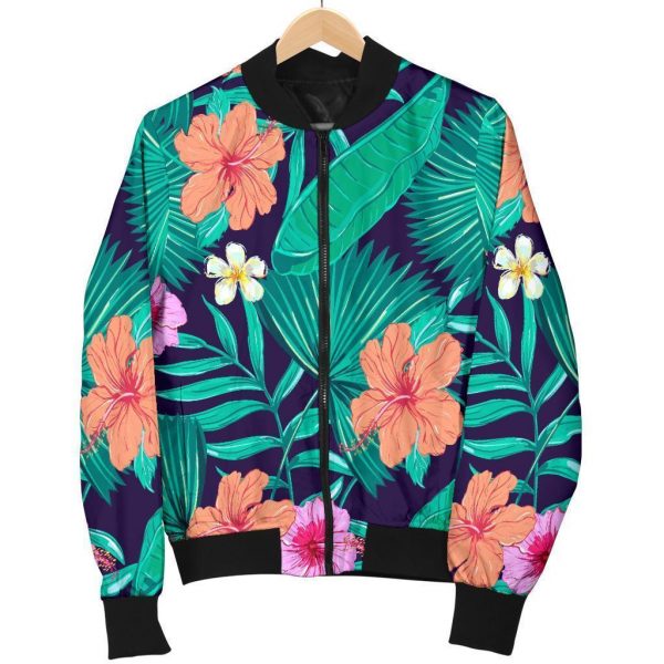 Teal Hawaiian Leaf Flower Pattern Print Bomber Jacket