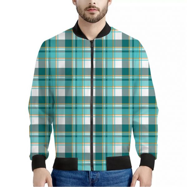 Teal Madras Pattern Print Bomber Jacket